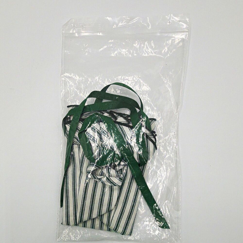 Longaberger Green/White Striped Fabric Basket Liner Ruffle Edge Ribbon Tie